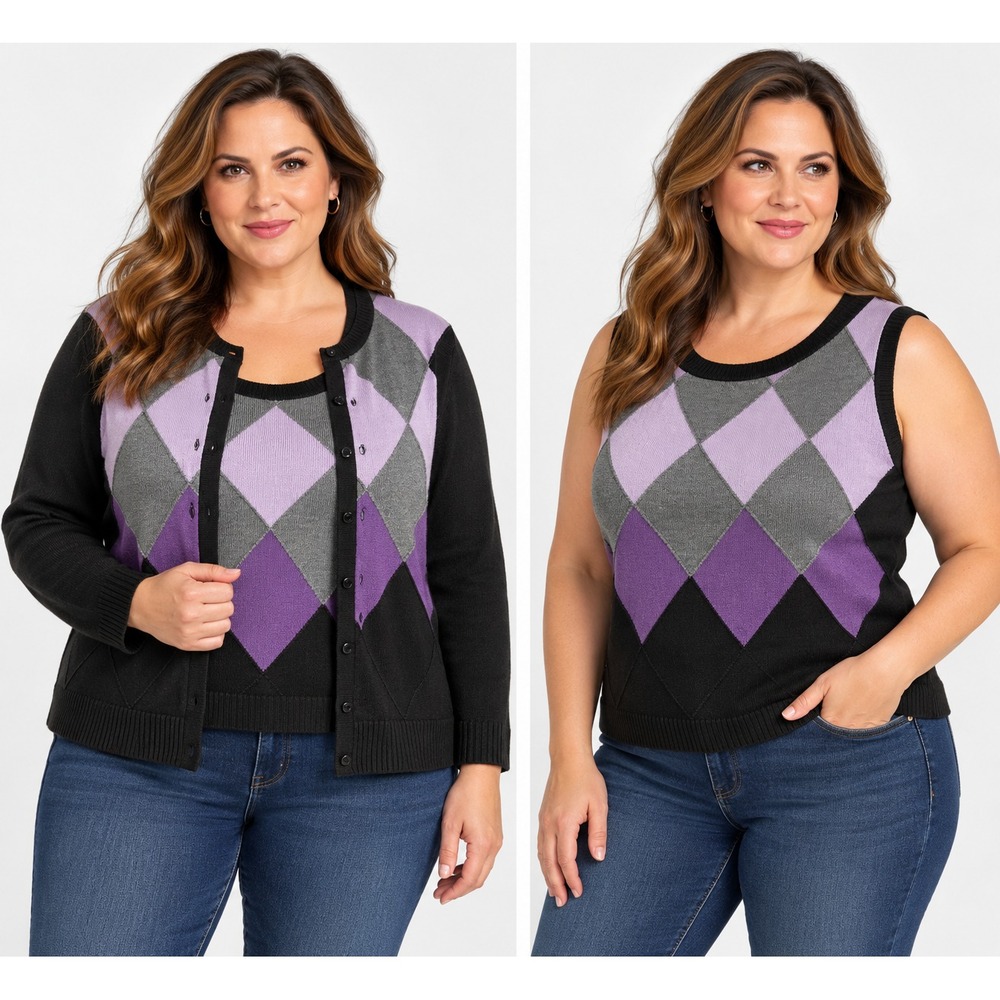 Dressbarn Woman Twinset Cardigan Shell 14/16 Black Purple Argyle Sweater Set XL